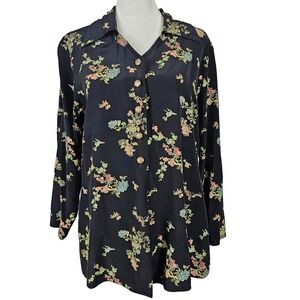 Vtg Roppolia Dark Floral Blouse M/L? Romance Gold Buttons Rayon Blend Timeless